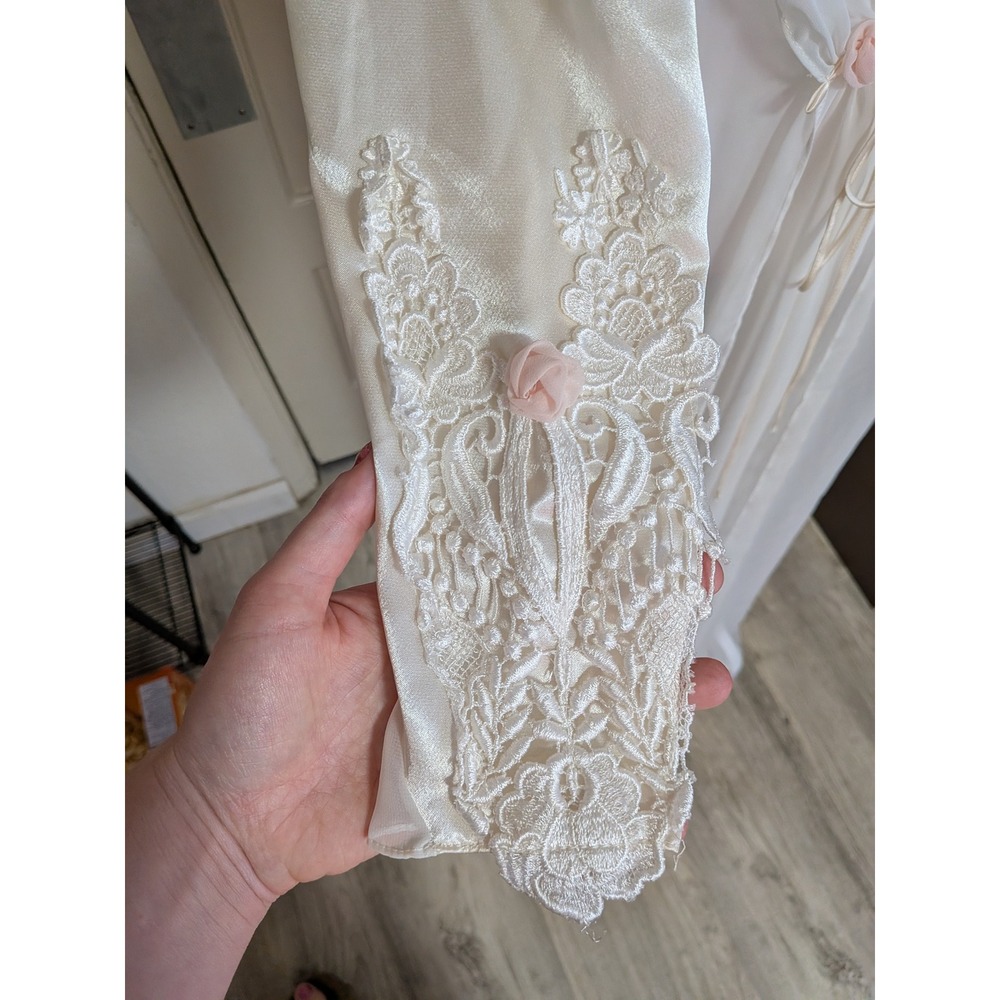 Flora Nikrooz Vintage 1980s Ivory Sheer Chiffon Bridal Peignoir Robe Medium - Picture 3 of 7